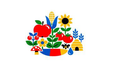 Fototapeta premium A vibrant flat design illustration featuring stylized agricultural icons like an apple, corn, sunflower, and beehive arranged symmetrically on a solid black background.