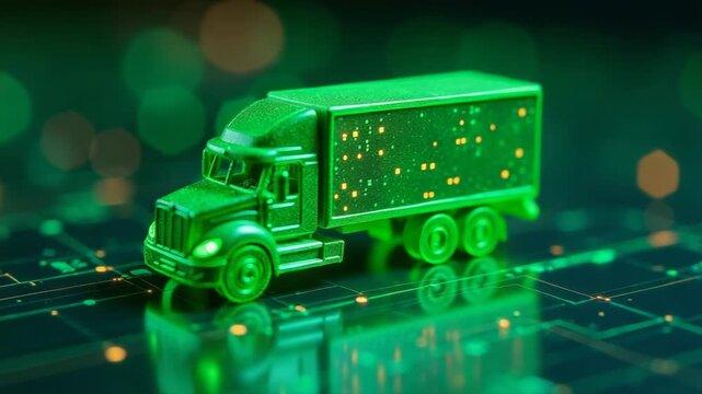 Footage small green toy truck is placed on a circuit board, highlighting the contrast between technology and play
