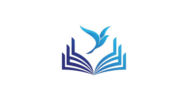A creative vector logo design featuring a stylized blue dove flying out of an open book. This abstract minimalist symbol represents the freedom of knowledge, spiritual education, and academic growth. 