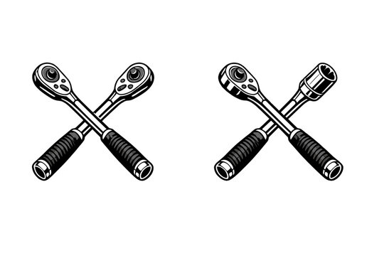 A black and white illustration featuring two sets of crossed mechanical tools. One set shows two ratchets, while the other displays a ratchet crossed with a socket wrench.