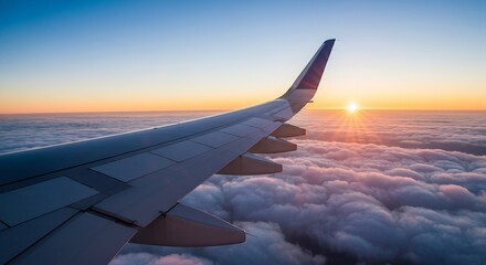 Obraz premium Breathtaking View from Airplane Window High Above the Clouds at Sunrise, Capturing Scenic Beauty