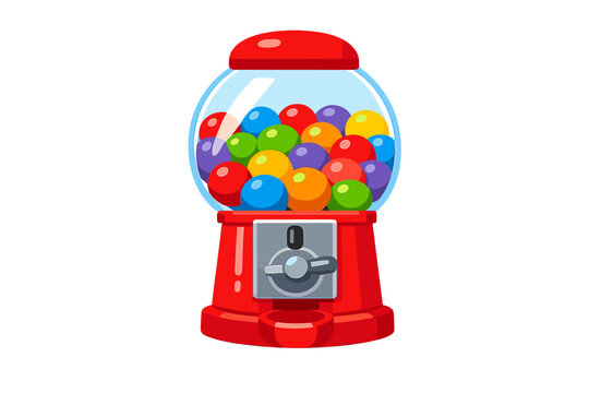 A colorful cartoon illustration of a classic red gumball machine filled with various bright round candies inside a clear glass globe, isolated on a solid black background.