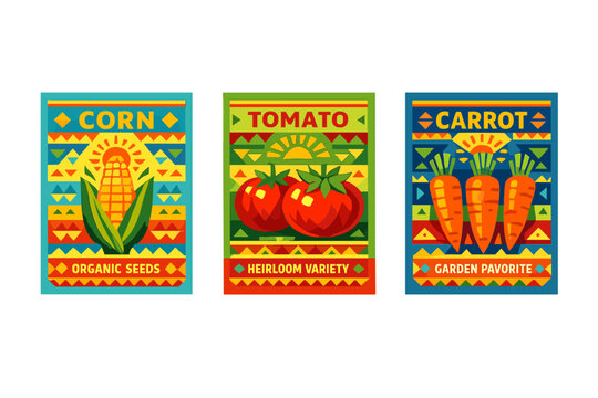 A set of three illustrated seed packets for corn, tomatoes, and carrots. The designs use bold geometric shapes, bright colors, and folk-style motifs to represent organic garden produce.