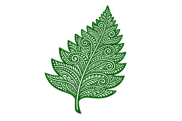 Fototapeta premium A stylized green fern leaf featuring intricate white patterns of swirls and dots, set against a solid black background. This decorative botanical illustration has a tribal aesthetic.
