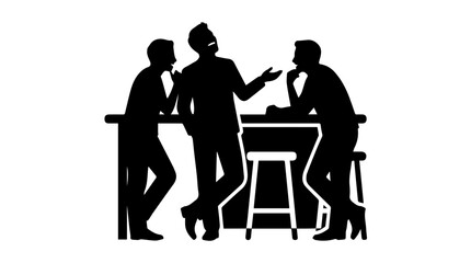 Friends talking at bar counter silhouette. Group of men socializing and drinking vector icon