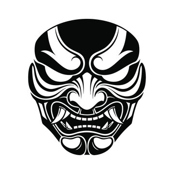 Traditional Japanese Samurai Oni Mask Illustration Featuring Fierce Expression and Sharp Fangs for Tattoo Design, Martial Arts Branding, and Cultural Art, Bold Black and White Vector Graphic.
