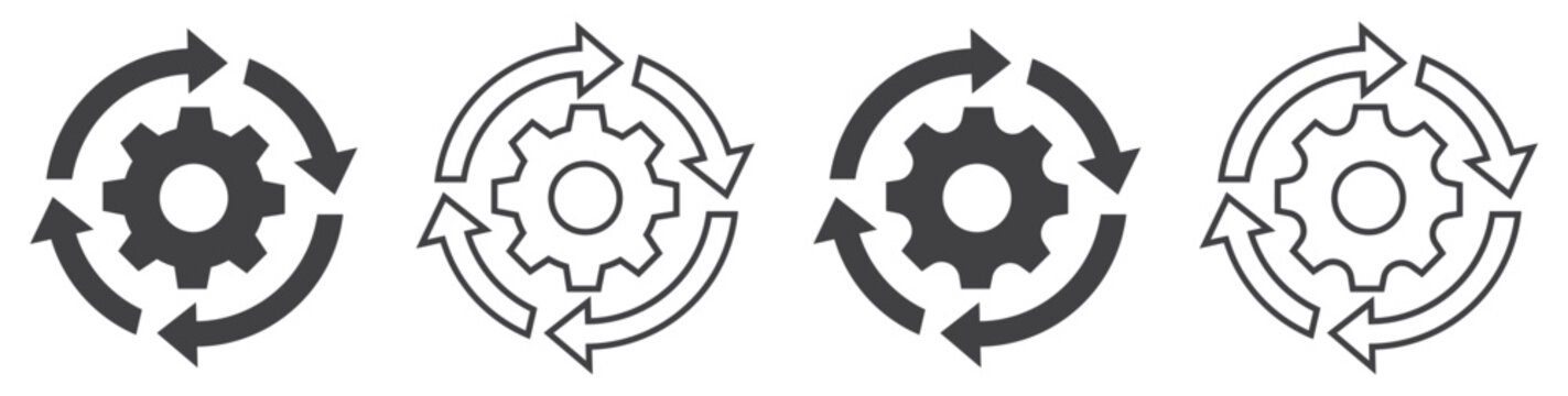 Gear with arrows icon set, refresh, process, workflow, loop, rotation, update, repeat cycle, settings, system icon set