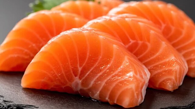 Fresh, vibrant salmon sashimi slices arranged on a dark, textured slate with green garnish
