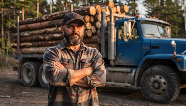 Portrait of a Confident Logger in Flannel Shirt Standing Before a Loaded Logging Truck in a Forest at Dusk. A Symbol of the Timber Industry and Rural Life