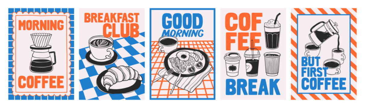 Hand drawn outline posters set of breakfast and coffee break. Doodle sketch illustrations with coffee cups, croissant, eggs, coffeemaker. Vintage design for kitchen wall art, cafe menu, decoration