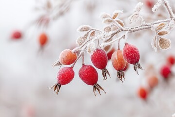 Frosty Rose Hips on Branch - Winter Botanical Beauty