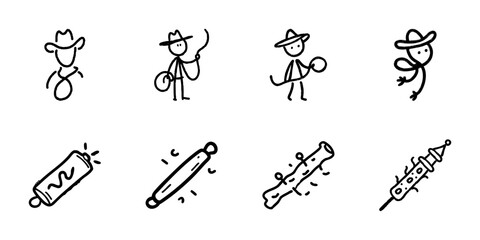 Obraz premium Cowboy And Rodeo Equipment Line Icon Set In Doodle Style. Western Culture, Lasso Skills, And Rodeo Tools Outline Sketch Collection. Hand Drawn Isolated Vector Illustration