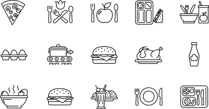 Minimal black line food, meal and dining icon set featuring pizza, burger, noodles, eggs, milk, tray service and table settings