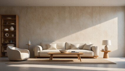 Modern living room with beige couch and chair in natural light © Sabbir Digital