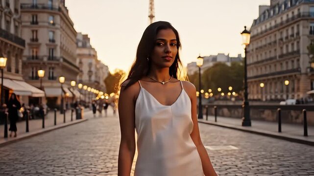 Elegant young woman walking along Paris street with Eiffel Tower sunset view in soft light