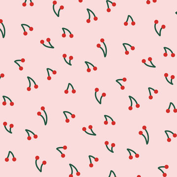 Cute Hand drawn Doodle Pattern of Cherry Fruits on Pink Background Vector Design
