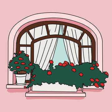 Ornate Window with White Planters. Exterior View of European Style Apartment with Pink Pastel Walls, Long Curtains, and Red Flowers