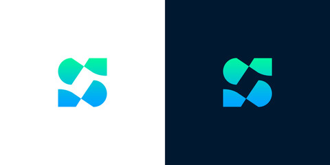 Abstract symbol logo design in teal and green gradient on white and dark backgrounds