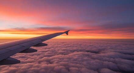 Obraz premium Stunning Aerial View of Vibrant Sunrise Over Clouds from Airplane Window, Nature s Beauty Unveiled