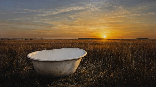 An old, empty bathtub sits amidst a vast field, bathed in the warm glow of a setting sun
