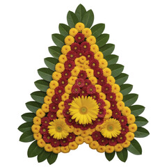Floral letter A made from red and yellow gerbera daisies and green leaves, isolated PNG with Transparent Background