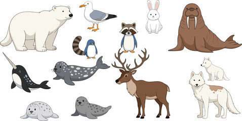 Arctic and Polar Wildlife Vector Set Featuring Polar Bears, Walrus, Narwhal, Seals, Reindeer, and Snowy Owls for Nature Education and Wildlife Conservation Graphics © Rumi