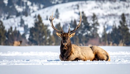 Majestic Elk Resting in a Snowy Winter Landscape.