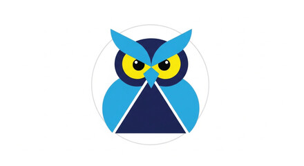 Obraz premium A modern, minimalist owl logo design featuring a geometric blue and navy body with striking large yellow eyes. This versatile vector icon symbolizes wisdom, intelligence, and vision.