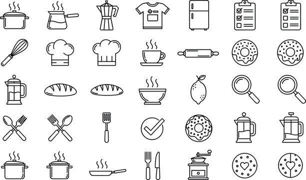 Minimal black line kitchen and cooking icon set with pots, chef hats, baking tools, appliances, recipes and utensils