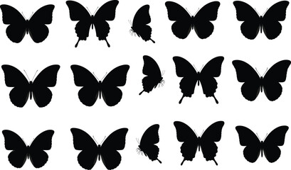 Butterfly silhouette collection vector, black insect shapes set, nature winged icons, minimal wildlife illustration, decorative design elements pack artwork