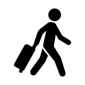 Man pulling luggage stick figure icon black silhouette of traveler with suitcase walking isolated on white background concept for airport departures arrivals and tourism industry graphic resources