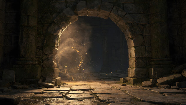 A Mysterious Stone Archway Leading to the Unknown, Bathed in Ethereal Light, Suggesting Adventure, Exploration, and the Secrets of Forgotten Worlds and Discovery