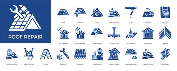 Roof Repair Icon set Collection in Glyph Two Color Style. repair, maintenance, leak, waterproofing, carpenter, inspection