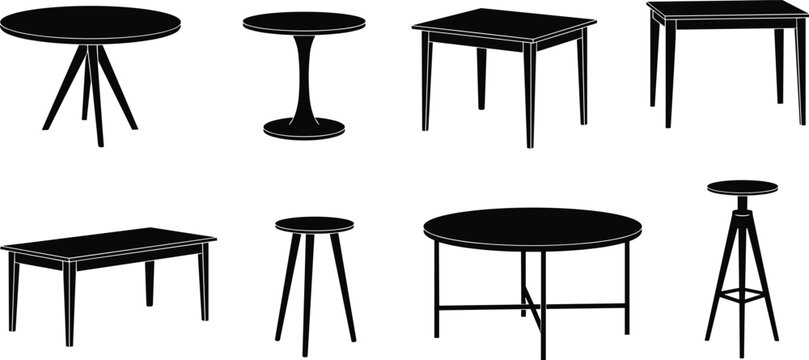Modern table and stool silhouette collection vector illustration, black furniture set with round and square tables isolated on clean background