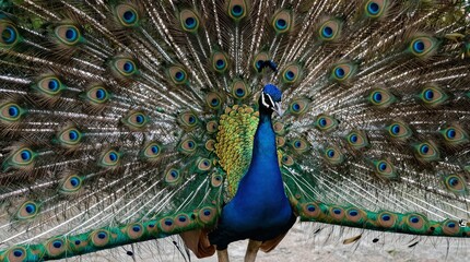 Obraz premium A vibrant peacock spreads its colorful feathers in a stunning display of nature's beauty and elegance.