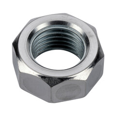Shiny metallic hexagonal nut with internal threading, silver chrome finish, industrial hardware component isolated PNG with Transparent Background