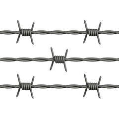 Three strands of metallic barbed wire fence with sharp spikes, security barrier concept isolated PNG with Transparent Background