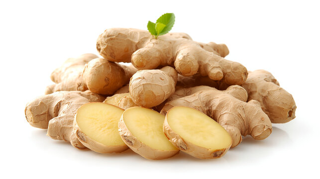 A high-quality product-style photo features neatly stacked fresh ginger roots showcasing their natural light brown skin and knobby texture. In front, several ginger slices reveal a pale yellow interio