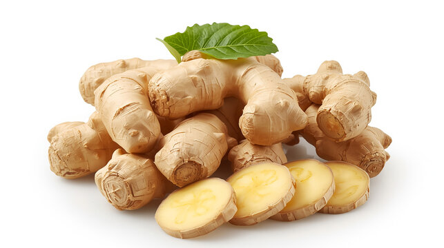 A high-quality product-style photo features neatly stacked fresh ginger roots showcasing their natural light brown skin and knobby texture. In front, several ginger slices reveal a pale yellow interio