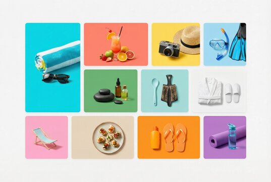 Vibrant collection of essential vacation items including skincare products, refreshing drinks, stylish beach accessories, and wellness tools in vivid colors expressing joy and relaxation