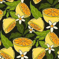 Cotton fabric Hand drawn lemon fruit citrus and blossom seamless pattern with green leaves on dark background for summer textile and wallpaper