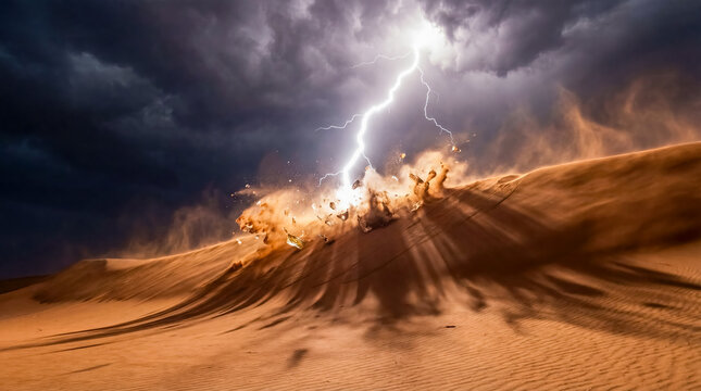 Lightning bolt striking desert sand close up nature energy power electricity background copy space danger environment weather fulgurite creation