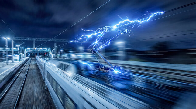 High speed train pantograph sparking on power line transport infrastructure urban life technology background copy space electricity motion transit