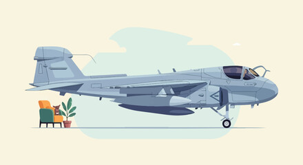 Pixelated jet fighter lands near a comfy chair with a small dog