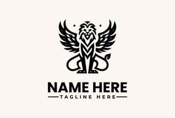Black and white logo illustration of a winged lion with a stylized mane and tail on a beige background, with space for a name and tagline. © vectorvovdesign