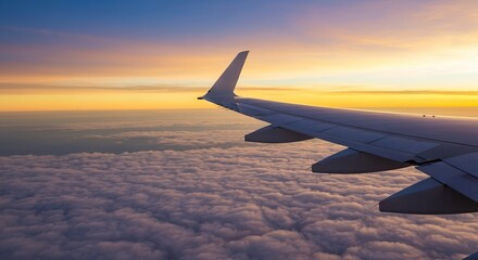 Obraz premium Stunning Aerial View of Airplane Wing Above a Sea of Clouds at Sunset, Capturing Nature s Beauty