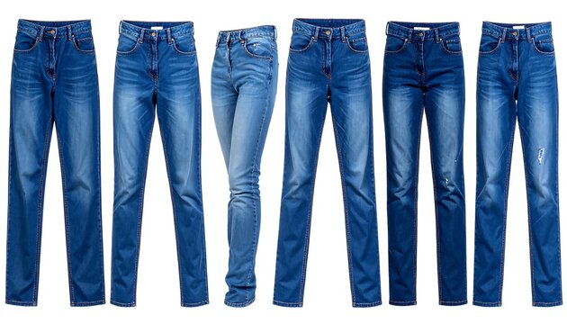 Assortment of stylish blue jeans for men and women, fashion concept.