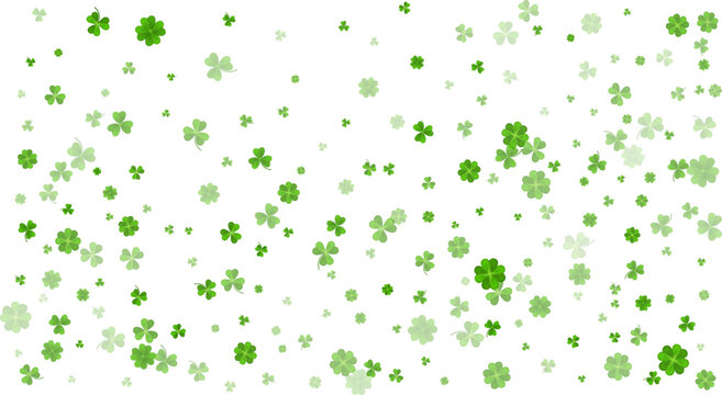 Green White St. Patricks Day bg. Flying clover leaves. Clover leaf as a symbol of good luck, traditional holiday of Ireland, beer festival. Vector background Illustration.