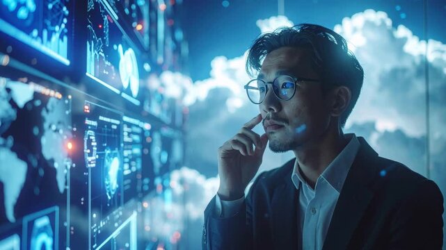 Data Analyst Contemplation: An expert with glasses thoughtfully examines a data-rich wall, illuminated by vibrant displays, pondering complex information. 