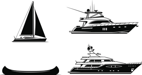 Boat Silhouette Collection Featuring Sailboat, Luxury Yachts and Canoe, Nautical Marine Transport Vector Illustration Set © Moslama